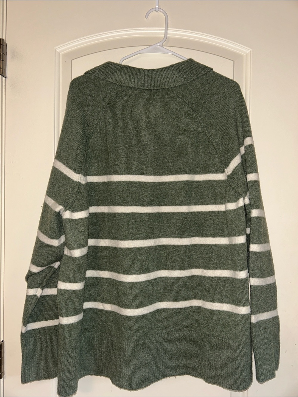 aerie Olive & White Striped Collared V-Neck Sweater - Picture 3 of 3